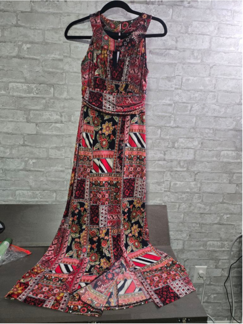 En Focus Studio Red Black Floral Patchwork Maxi Dress Size 4